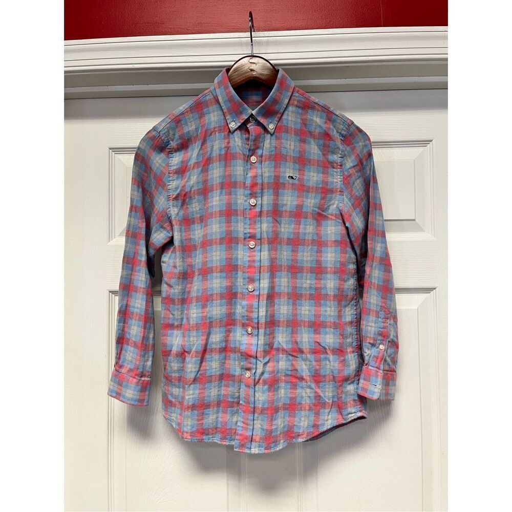 Vineyard Vines Pink & Blue Plaid Whale Shirt Linen Blend Button Down sz M